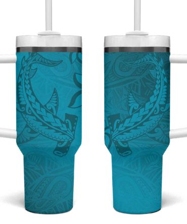 Dark Cyan Gradient Polynesia Hawaiian Tribal Hammerhead Shark Tattoo Custom Stanley Quencher 40Oz Stainless Steel Tumbler With Handle