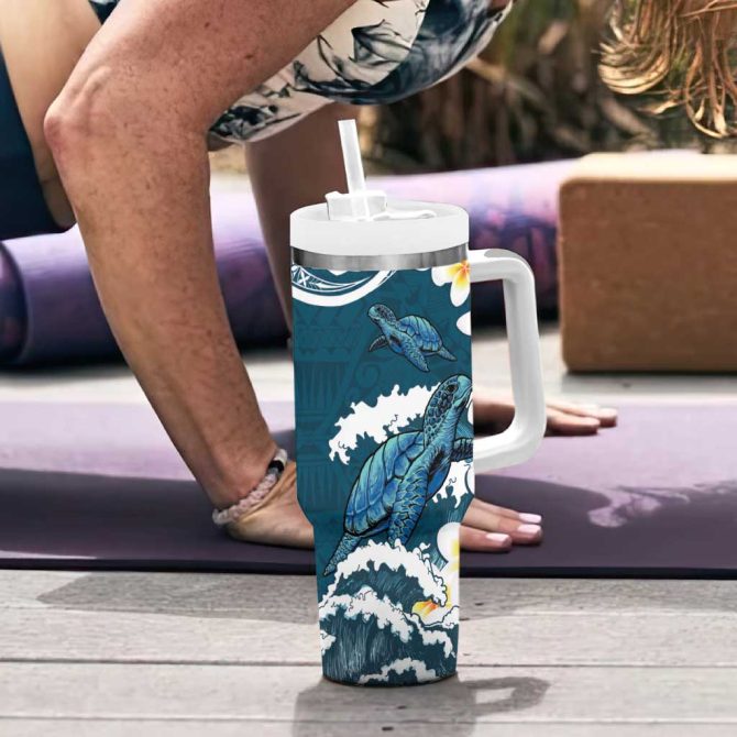 Dark Teal Polynesia Polynesian Frangipani With Sea Turtles Custom Stanley Quencher 40Oz Stainless Steel Tumbler With Handle - Image 6