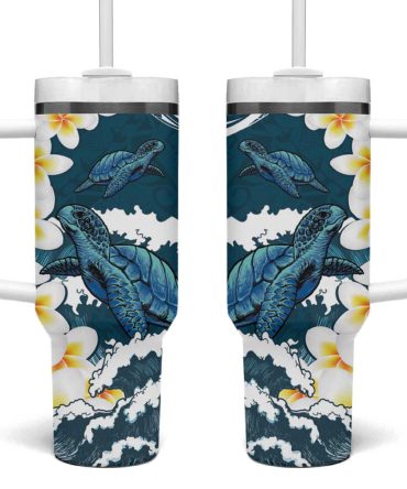 Dark Teal Polynesia Polynesian Frangipani With Sea Turtles Custom Stanley Quencher 40Oz Stainless Steel Tumbler With Handle