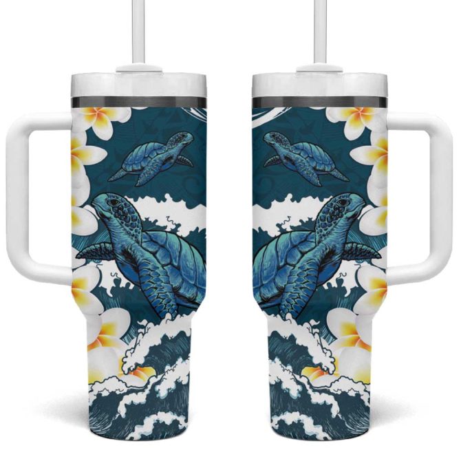 Dark Teal Polynesia Polynesian Frangipani With Sea Turtles Custom Stanley Quencher 40Oz Stainless Steel Tumbler With Handle