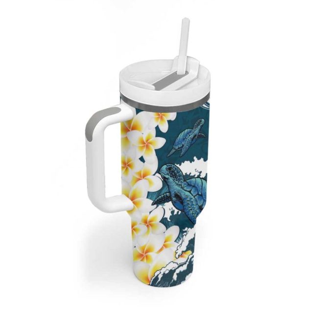 Dark Teal Polynesia Polynesian Frangipani With Sea Turtles Custom Stanley Quencher 40Oz Stainless Steel Tumbler With Handle - Image 2