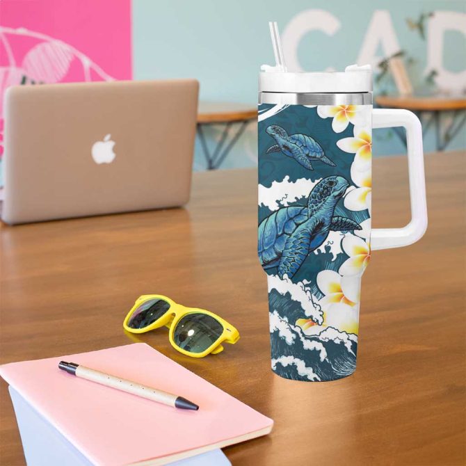 Dark Teal Polynesia Polynesian Frangipani With Sea Turtles Custom Stanley Quencher 40Oz Stainless Steel Tumbler With Handle - Image 5