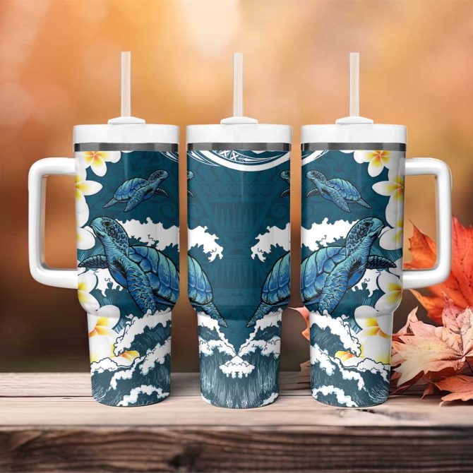 Dark Teal Polynesia Polynesian Frangipani With Sea Turtles Custom Stanley Quencher 40Oz Stainless Steel Tumbler With Handle - Image 4