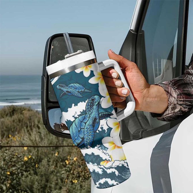 Dark Teal Polynesia Polynesian Frangipani With Sea Turtles Custom Stanley Quencher 40Oz Stainless Steel Tumbler With Handle - Image 7