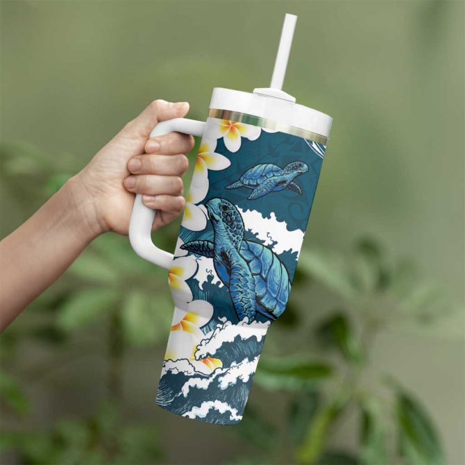 Dark Teal Polynesia Polynesian Frangipani With Sea Turtles Custom Stanley Quencher 40Oz Stainless Steel Tumbler With Handle - Image 3