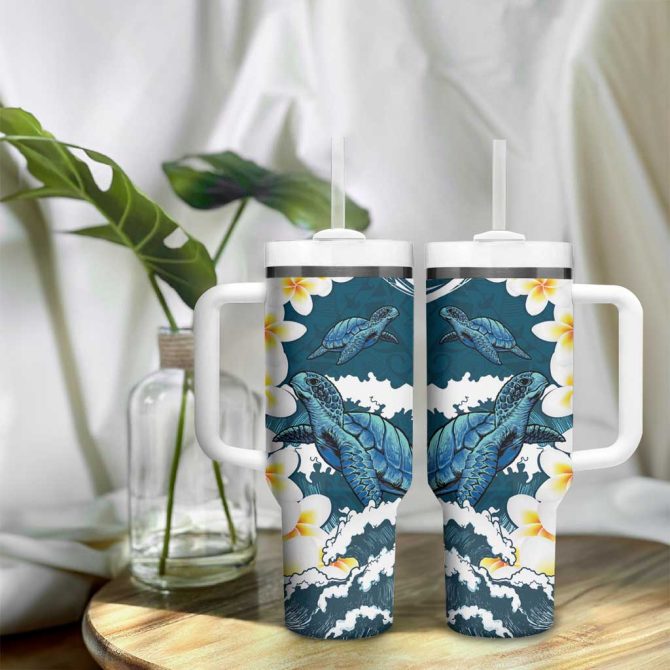 Dark Teal Polynesia Polynesian Frangipani With Sea Turtles Custom Stanley Quencher 40Oz Stainless Steel Tumbler With Handle - Image 9
