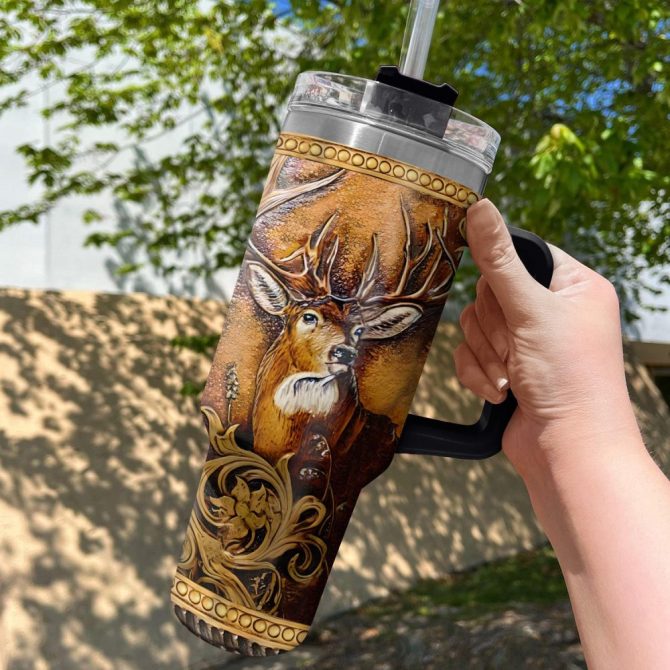 Deer Head Custom Stanley Quencher 40Oz Stainless Steel Tumbler With Handle