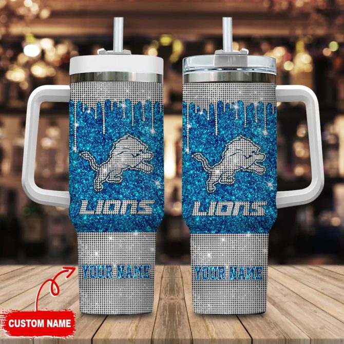 Detroit Lions Nfl Glitter Custom Stanley Quencher 40Oz Stainless Steel Tumbler With Handle