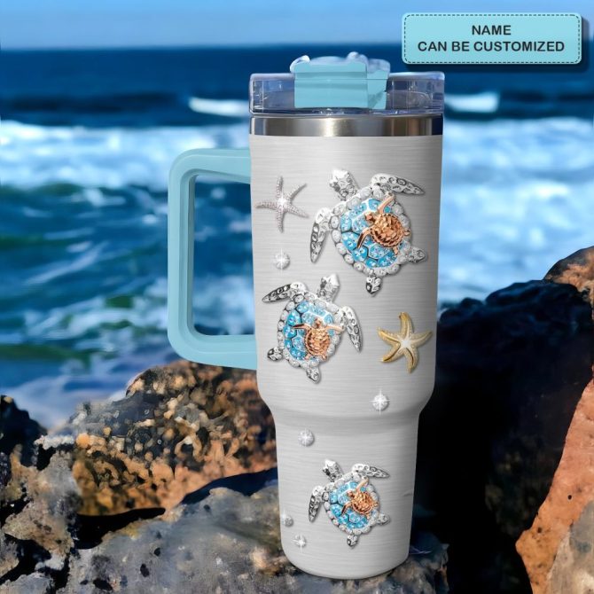 Diamond Sea Turtles Custom Stanley Quencher 40Oz Stainless Steel Tumbler With Handle - Image 2