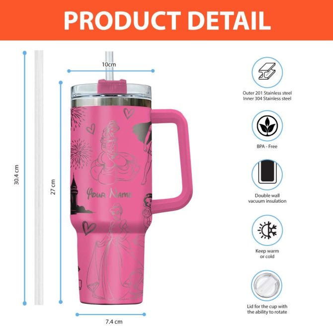 Disney Princesses Cartoon Custom Stanley Quencher 40Oz Stainless Steel Tumbler With Handle - Image 2