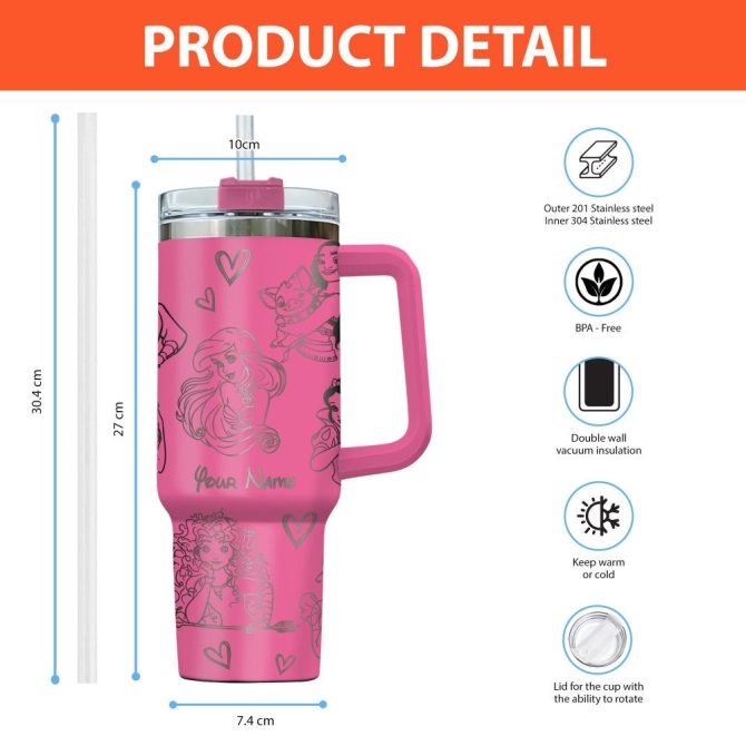 Disney Princesses Cartoon Custom Stanley Quencher 40Oz Stainless Steel Tumbler With Handle - Image 2