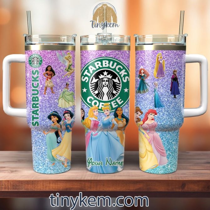 Disney Princesses Glitter Starbucks Disney Cartoon Custom Stanley Quencher 40Oz Stainless Steel Tumbler With Handle