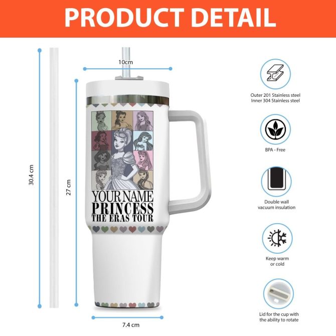 Disney Princesses The Eras Tour Cartoon Custom Stanley Quencher 40Oz Stainless Steel Tumbler With Handle - Image 4