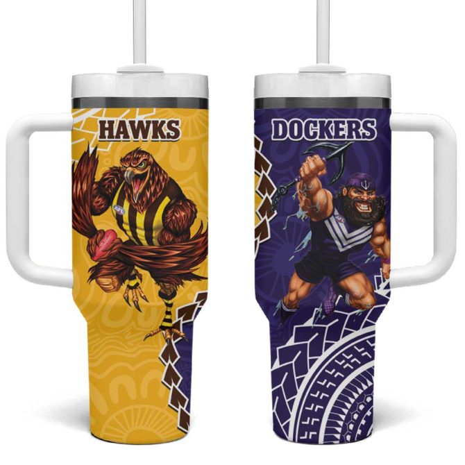 Dockers And Hawks Football Aboriginal Mix Polynesian Pattern Custom Stanley Quencher 40Oz Stainless Steel Tumbler With Handle - Image 2