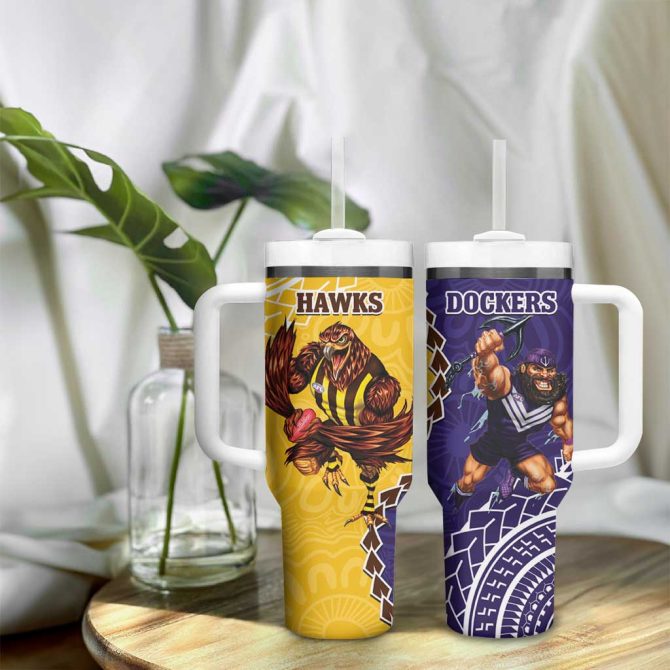 Dockers And Hawks Football Aboriginal Mix Polynesian Pattern Custom Stanley Quencher 40Oz Stainless Steel Tumbler With Handle - Image 9