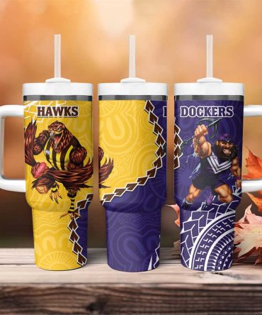 Dockers And Hawks Football Aboriginal Mix Polynesian Pattern Custom Stanley Quencher 40Oz Stainless Steel Tumbler With Handle