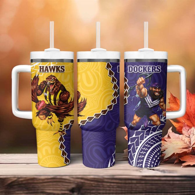 Dockers And Hawks Football Aboriginal Mix Polynesian Pattern Custom Stanley Quencher 40Oz Stainless Steel Tumbler With Handle
