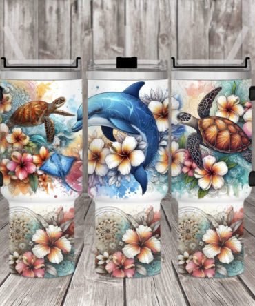 Dolphin Hibiscus Flowers +Custom Stanley Quencher 40Oz Stainless Steel Tumbler With Handle