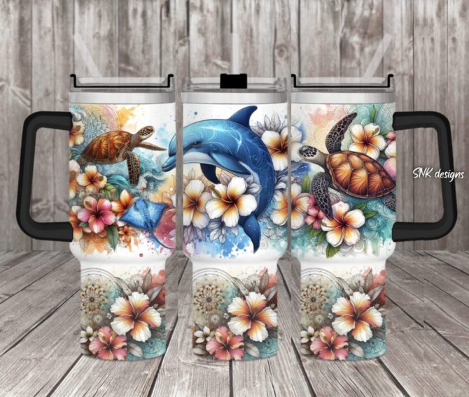 Dolphin Hibiscus Flowers +Custom Stanley Quencher 40Oz Stainless Steel Tumbler With Handle