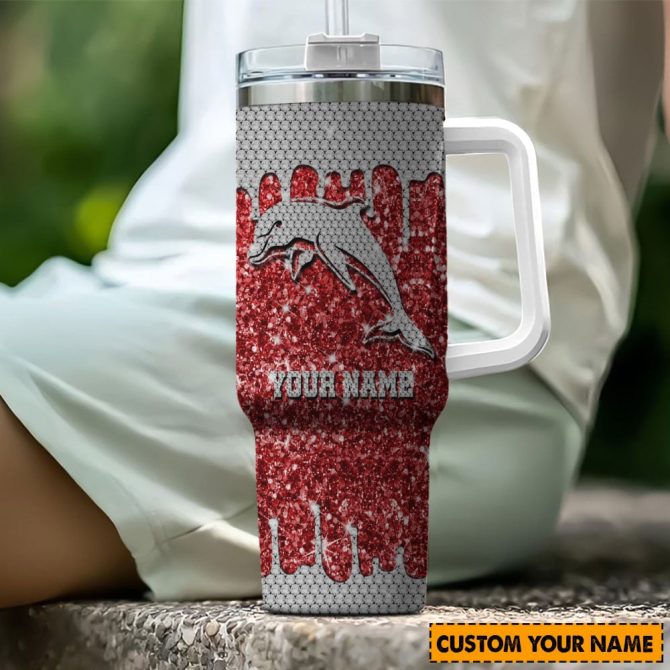 Dolphins Nrl Sports Glitter Custom Stanley Quencher 40Oz Stainless Steel Tumbler With Handle