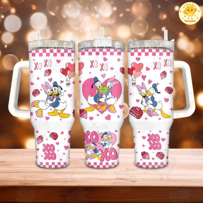 Donald And Daisy Duck Disney Cartoon Custom Stanley Quencher 40Oz Stainless Steel Tumbler With Handle