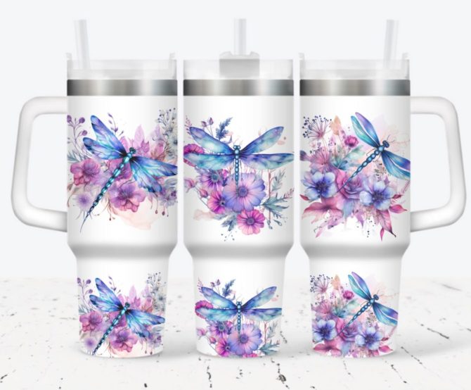 Dragonfly Flower Custom Stanley Quencher 40Oz Stainless Steel Tumbler With Handle