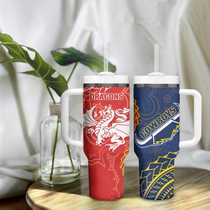 Dragons And Cowboys Rugby Aboriginal Mix Polynesian Pattern Custom Stanley Quencher 40Oz Stainless Steel Tumbler With Handle - Image 9