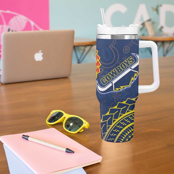 Dragons And Cowboys Rugby Aboriginal Mix Polynesian Pattern Custom Stanley Quencher 40Oz Stainless Steel Tumbler With Handle - Image 5