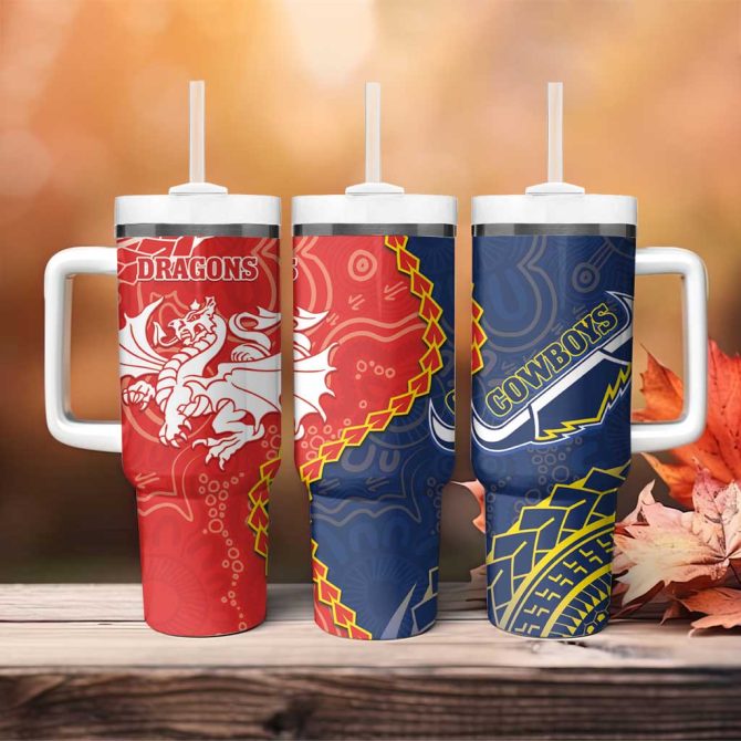Dragons And Cowboys Rugby Aboriginal Mix Polynesian Pattern Custom Stanley Quencher 40Oz Stainless Steel Tumbler With Handle