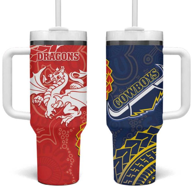 Dragons And Cowboys Rugby Aboriginal Mix Polynesian Pattern Custom Stanley Quencher 40Oz Stainless Steel Tumbler With Handle - Image 2