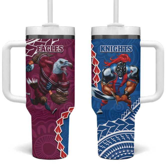 Eagles And Knights Rugby Aboriginal Mix Polynesian Pattern Custom Stanley Quencher 40Oz Stainless Steel Tumbler With Handle - Image 2