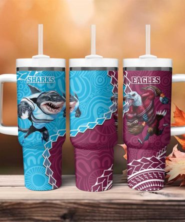 Eagles And Sharks Rugby Aboriginal Mix Polynesian Pattern Custom Stanley Quencher 40Oz Stainless Steel Tumbler With Handle