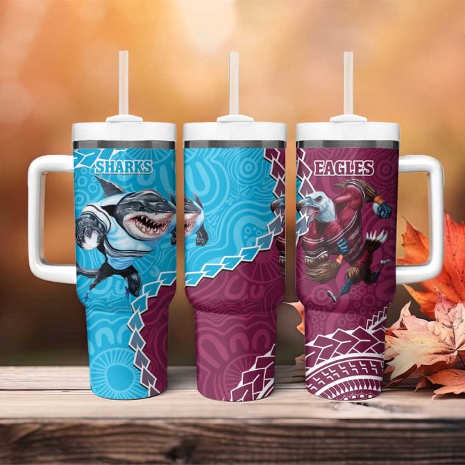 Eagles And Sharks Rugby Aboriginal Mix Polynesian Pattern Custom Stanley Quencher 40Oz Stainless Steel Tumbler With Handle