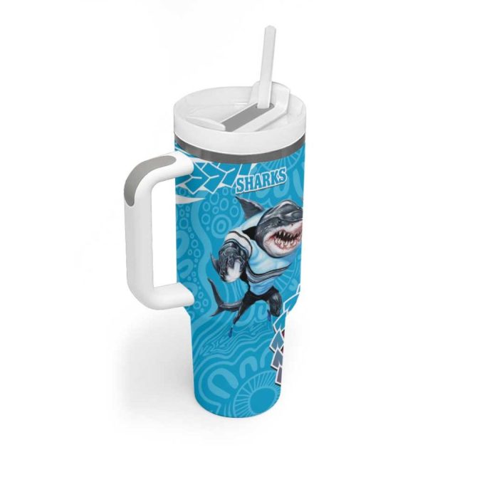 Eagles And Sharks Rugby Aboriginal Mix Polynesian Pattern Custom Stanley Quencher 40Oz Stainless Steel Tumbler With Handle - Image 3