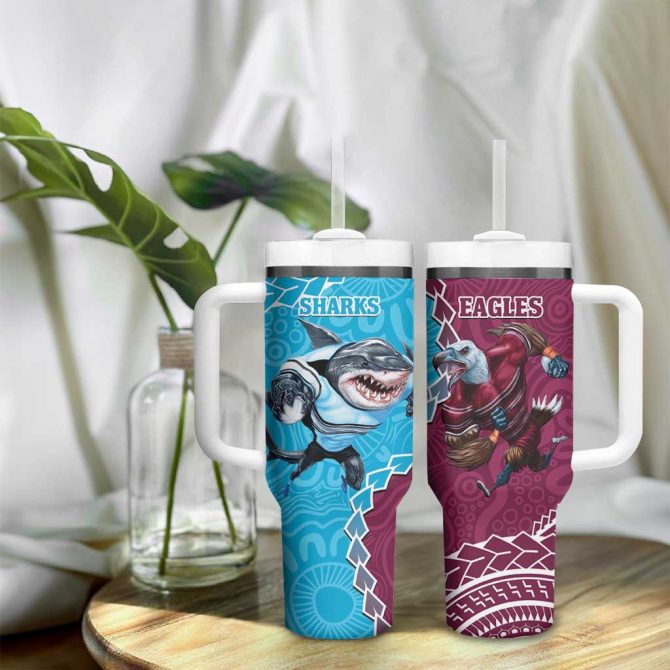 Eagles And Sharks Rugby Aboriginal Mix Polynesian Pattern Custom Stanley Quencher 40Oz Stainless Steel Tumbler With Handle - Image 9