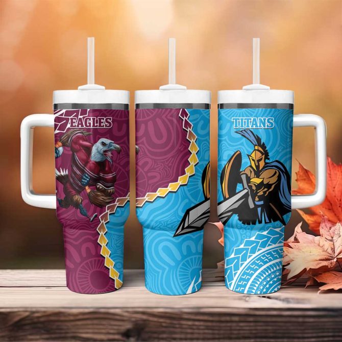 Eagles And Titans Rugby Aboriginal Mix Polynesian Pattern Custom Stanley Quencher 40Oz Stainless Steel Tumbler With Handle