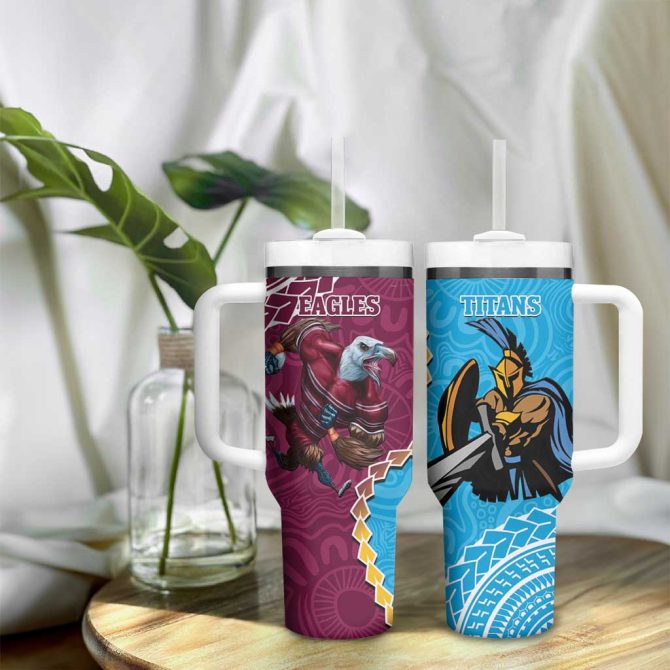 Eagles And Titans Rugby Aboriginal Mix Polynesian Pattern Custom Stanley Quencher 40Oz Stainless Steel Tumbler With Handle - Image 9