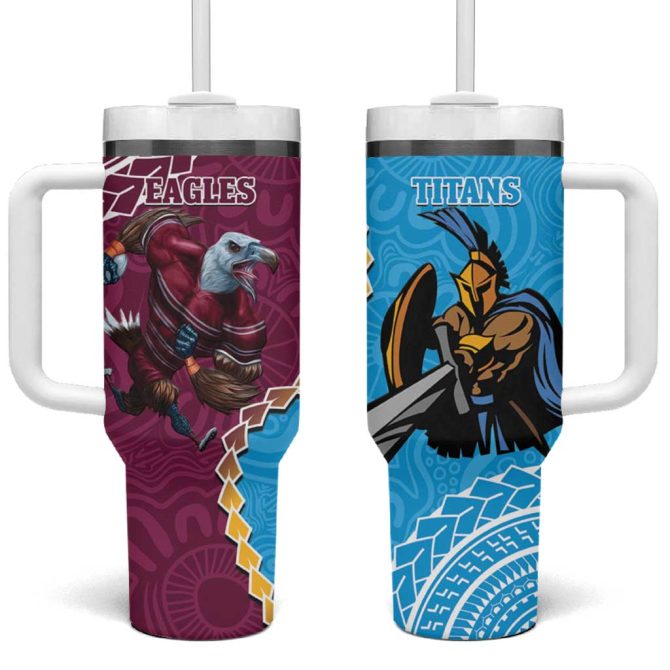 Eagles And Titans Rugby Aboriginal Mix Polynesian Pattern Custom Stanley Quencher 40Oz Stainless Steel Tumbler With Handle - Image 2