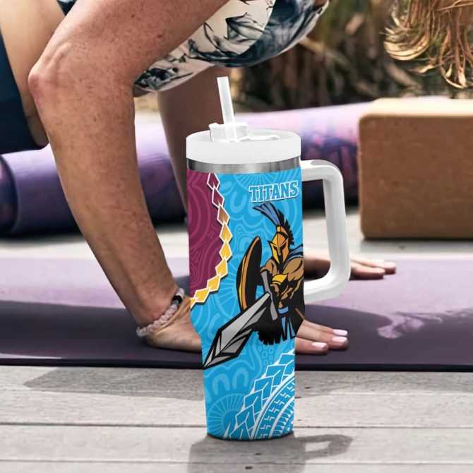 Eagles And Titans Rugby Aboriginal Mix Polynesian Pattern Custom Stanley Quencher 40Oz Stainless Steel Tumbler With Handle - Image 6