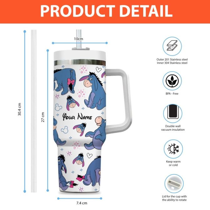 Eeyore Winnie The Pooh Disney Cartoon Custom Stanley Quencher 40Oz Stainless Steel Tumbler With Handle - Image 4