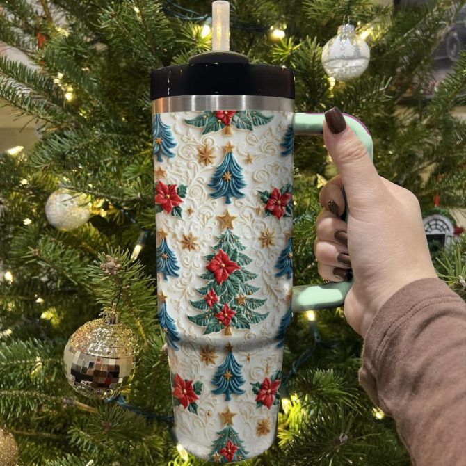 Enchanted Evergreen Blooms Christmas Custom Stanley Quencher 40Oz Stainless Steel Tumbler With Handle - Image 3
