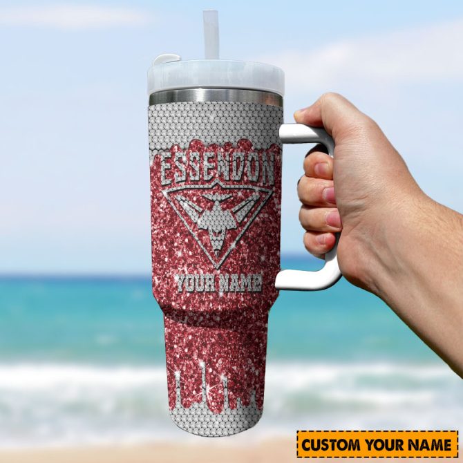 Essendon Bombers Afl Sports Glitter Custom Stanley Quencher 40Oz Stainless Steel Tumbler With Handle - Image 3
