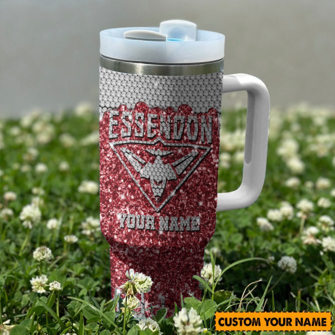 Essendon Bombers Afl Sports Glitter Custom Stanley Quencher 40Oz Stainless Steel Tumbler With Handle - Image 2