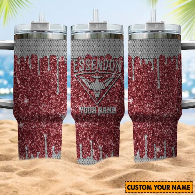 Essendon Bombers Afl Sports Glitter Custom Stanley Quencher 40Oz Stainless Steel Tumbler With Handle - Image 4