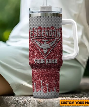 Essendon Bombers Afl Sports Glitter Custom Stanley Quencher 40Oz Stainless Steel Tumbler With Handle