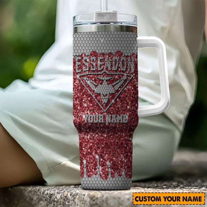 Essendon Bombers Afl Sports Glitter Custom Stanley Quencher 40Oz Stainless Steel Tumbler With Handle
