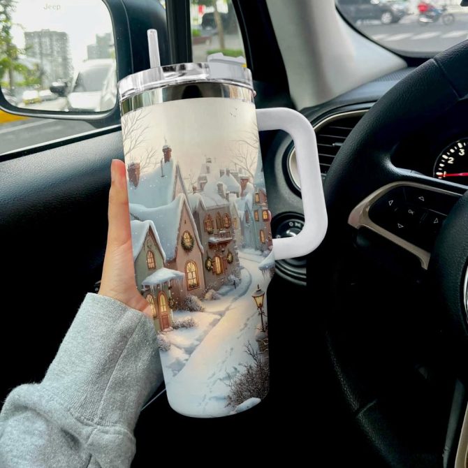 Evening Village Glow Christmas Custom Stanley Quencher 40Oz Stainless Steel Tumbler With Handle - Image 3