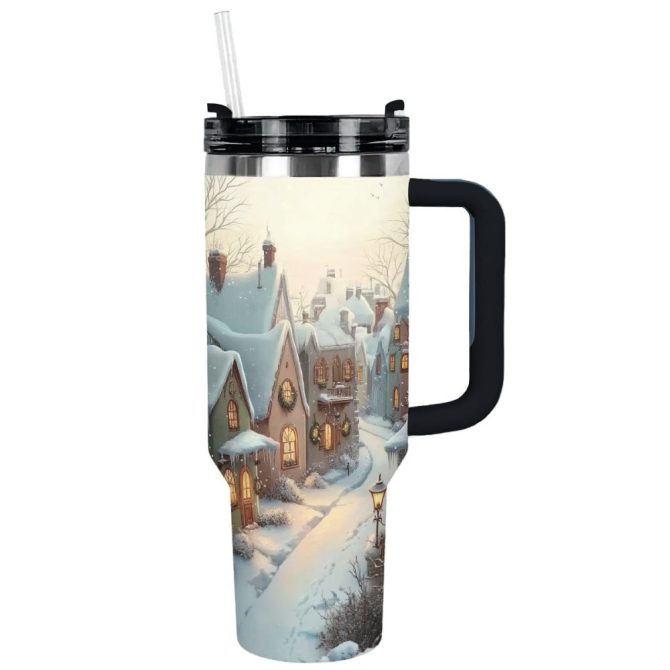Evening Village Glow Christmas Custom Stanley Quencher 40Oz Stainless Steel Tumbler With Handle