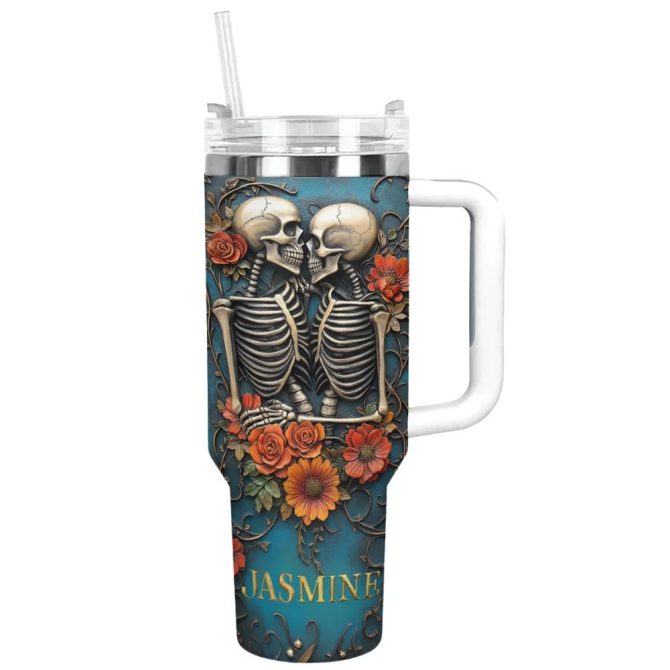 Everlasting Romance Skeleton Custom Stanley Quencher 40Oz Stainless Steel Tumbler With Handle - Image 3