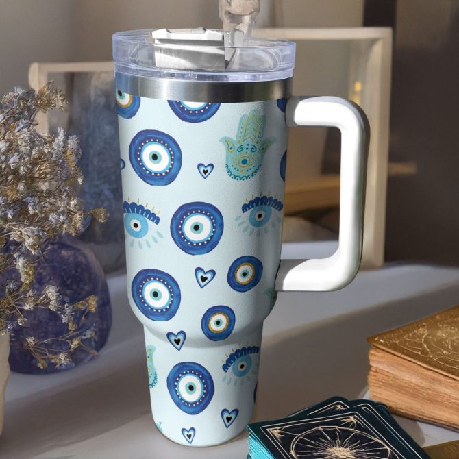 Evil Eye And Hamsa Custom Stanley Quencher 40Oz Stainless Steel Tumbler With Handle - Image 4